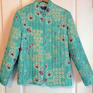 KORET 100% Silk Jacket Aqua Floral Small Asian Inspired Quilted Coat